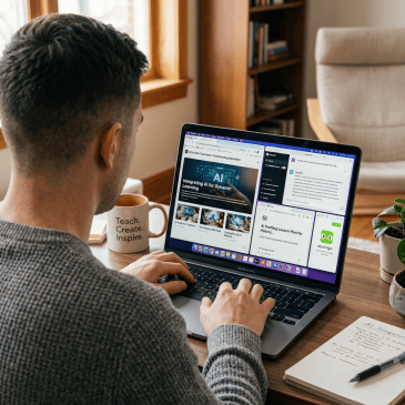 Teacher using laptop displaying AI education articles, lesson planning, and Duolingo