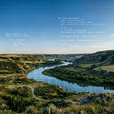 Winding river valley at dusk beneath cascading green digital code